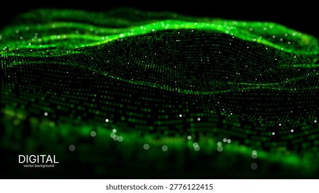Futuristic green wave vector background with glowing particles and grid. Big data visualization, AI concept, data processing. Perfect for cybersecurity, blockchain tech presentation. Neon digital flow