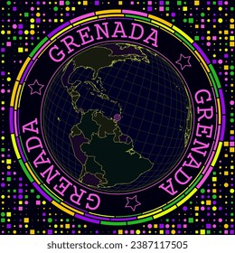 Futuristic Grenada on globe. Bright neon satelite view of the world centered to Grenada. Geographical illustration with shape of country and geometric background. Neat vector illustration.