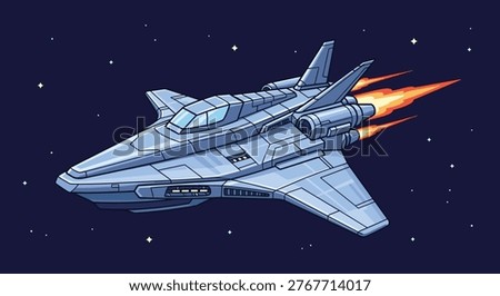 Futuristic grey spaceship or jet fighter flying through deep space with orange propulsion flames and small stars in the background.