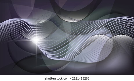 Futuristic grey-purple wallpaper. A smoothly deformed grid of thin lines, a flash of light against a backdrop of overlapping abstract shapes with wavy edges. Vector.
