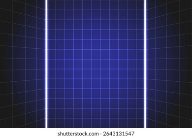 Futuristic Grid Background with Glowing vertical Light and Dark Blue Gradient, Ideal for technology, sci fi or digital presentation themes, vector illustration