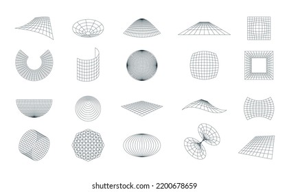 Futuristic grid collection. Geometric wireframe line shapes retro 80s 90s style, cyberpunk distorted retrofuturistic strip design elements. Vector set. Cyberspace wavy geometric figures