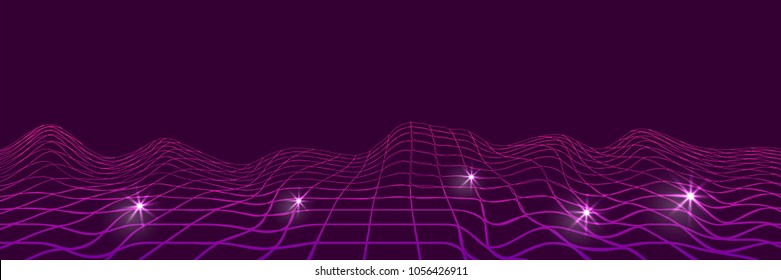 Futuristic grid line background poligon mock up. Dinamic ultraviolet curve. Strip vector horizontal illustration. Modern blend design template. Wavy cover pattern. Map crease design.