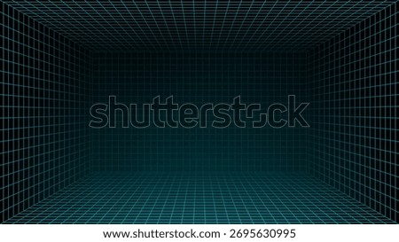Futuristic grid lines forming a virtual room or tunnel. Digital hud background for technology, gaming, or sci-fi design with abstract geometric pattern.