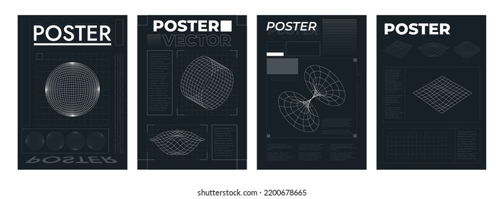 Futuristic grid posters. Retrofuturistic layout templates with HUD elements, wireframe planet perspective tunnel circle retro cyberpunk style. Vector set. Wavy deformated abstract surfaces