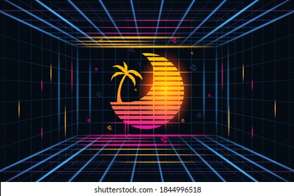 Futuristic grid sunset with coconut tree abstracts.Future theme concept background.vector and illustration