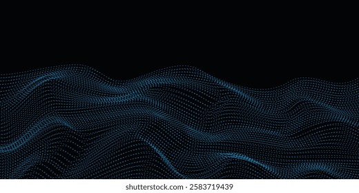 Futuristic grid wave of blue halftone digital dots data smooth seamless animation on dark with dim light background. Flow particles landscape. For cyber technology, sound visualization, big data