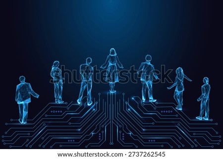 Futuristic group of glowing people connected to digital circuit. Symbolizes AI society, smart communities, and human-machine integration. Blue cyber vector with technology and network concept.