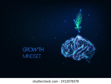 Futuristic growing mindset concept with glowing low polygonal green plant growing from human brain isolated on dark blue background. Modern wireframe design vector illustration