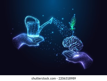 Futuristic growth mindset, learning concept with hands holding brain with sprout and watering can