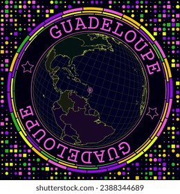 Guadalupe futurista en el mundo. Brillante vista satelital del neón del mundo centrada en Guadalupe. Ilustración geográfica con forma de campo y fondo geométrico. Ilustración vectorial de moda.