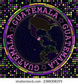 Futuristic Guatemala on globe. Bright neon satelite view of the world centered to Guatemala. Geographical illustration with shape of country and geometric background. Elegant vector illustration.