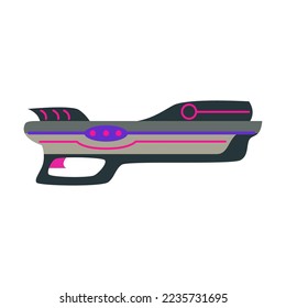 Ilustración vectorial de pistolas futuristas. Pistola de juguete, afilador, rifle láser para niños aislados en fondo blanco. Entretenimiento, espacio, concepto de armas para el diseño de juegos
