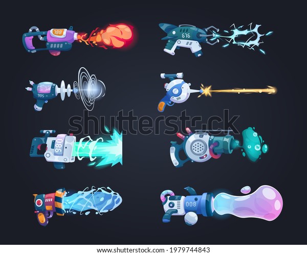 Futuristic guns.\
Cartoon game weapon shoots laser beam or plasma. Isolated blaster\
attack with flame stream or lightning bolts. Space combat weaponry\
set. Vector fictional\
handguns