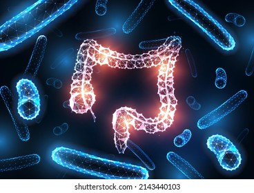 Futuristic gut flora, infection concept with glowing low polygonal intestine surrounded by bacteria