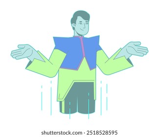 Tipo futurista holograma encogiéndose de hombros personaje de dibujos animados 2D. Brazos holográficos del hombre extendidos Vector plano aislado de la persona en el fondo blanco. Macho virtual digital. Ilustración de punto colorido