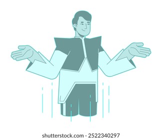 Futuristic guy hologram shrugging shoulders black and white 2D line character. Holographic man arms outstretched isolated vector outline person. Digital virtual male. Monochromatic spot illustration