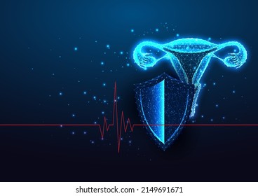 Futuristic Gynecology, Woman Health Care Concept With Glowing Low Poly Anatomical Uterus And Shield