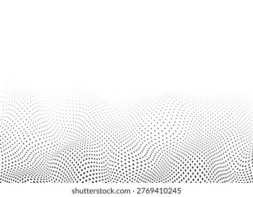 Futuristic halftone dot pattern. Pop art print. Wavy black white banner with half tone effect. Abstract background with dots. Optical spotted monochrome texture. Vector illustration.