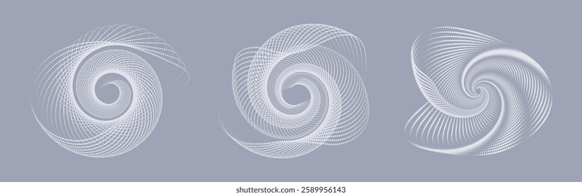 Futuristic halftone dot waveforms in light steel gray, featuring abstract swirling spiral patterns in dynamic motion with waveform modulation.