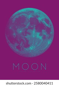 Futuristic halftone neon moon poster illustration with dot effect in vibrant high-contrast cyan and magenta shades for retrofuturistic aesthetic digital artwork. Dots shading . Vector illustration