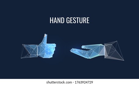 Ilustración vectorial de gestos de mano futurista. Mano poligonal brillante aislada en fondo azul oscuro