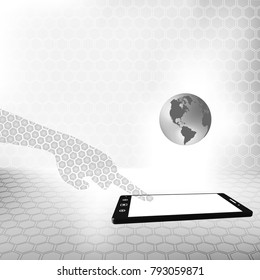 futuristic hand press smartphone to control the world