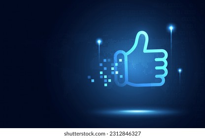 Futuristic hand thumb up finger or like gesture blue digital transformation abstract technology background. Innovative technology and social network sign and symbol concept. Vector illustration