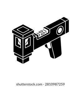 A futuristic handheld scanner tool rendered in a minimalist isometric view. Ideal for digital innovation and gadget exploration.