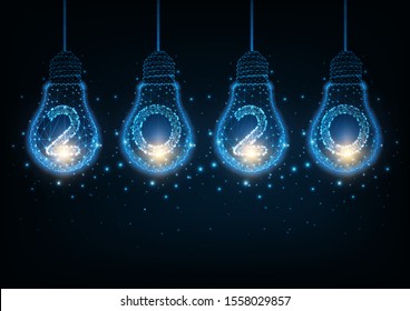 Futuristic Happy New Year hi tech concept with illuminated glowing low polygonal light bulbs and digits 2020 on dark blue background. Modern wire frame mesh design vector illustration.  