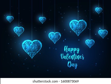 Futuristic Happy Valentines Day greeting card template with glowing low polygonal hanging hearts on dark blue background. Modern wire frame mesh design vector illustration.