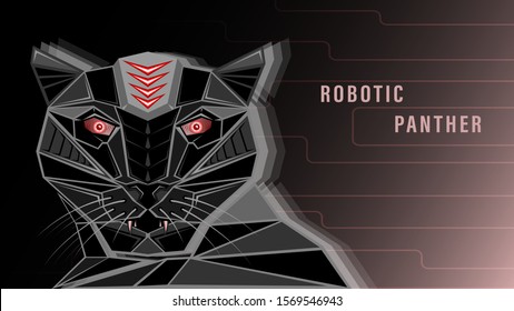 Futuristic head black robotic panther, cat with red glowing eyes on a dark background. Realistic 3d graphic vector illustration.