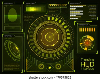 Futuristic Head Up Display (HUD) for business apps, big set of infographic elements, virtual technology background with statistical bars, graphs and charts.