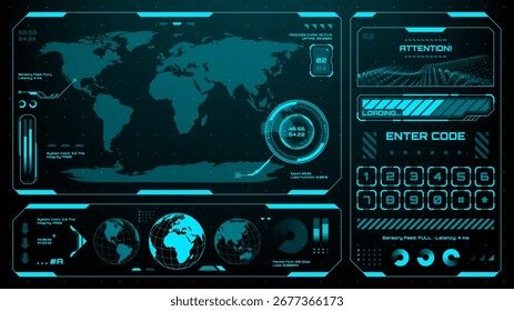 Visor de cabeça (HUD) futurista com dados globais, barra de carregamento e teclado numérico para tecnologia avançada.