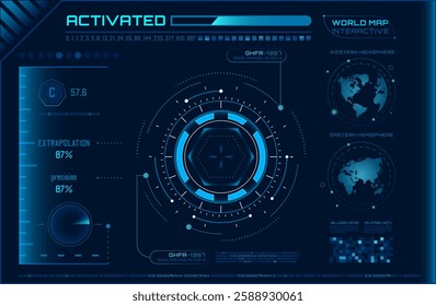 Futuristic head up display - HUD - interface with interactive world map, data analysis, extrapolation, and precision indicators, providing a glimpse into advanced technology and user interfaces