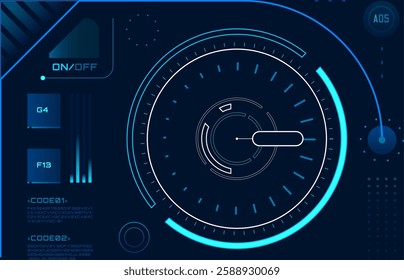 Futuristic head up display - HUD - interface showing a targeting system with code, data analysis, and various indicators, creating a technological and futuristic atmosphere