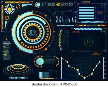 Futuristische Head Up Display Interface UI, UX ontwerp, grote set van infographic elementen, virtuele technologie achtergrond met statistische balken, grafieken en grafieken.