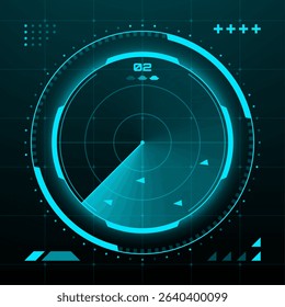 Futuristic head up display radar screen with neon cyan light on dark grid background. Digital hud for data visualization. vector graphics.
