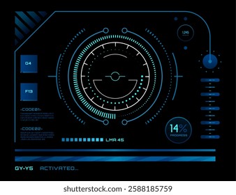 Futuristic head up display is showing progress, code information, radar and different metrics, with a dark background and glowing blue and white elements