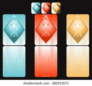 Futuristic head of man on digital cards and icons. Blue, red and yellow. 10 EPS
