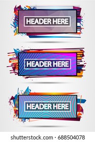 Futuristisches Header Frame Design mit abstrakten Formen und Farbtropfen hinter dem Platz für Text. Moderner künstlerischer Flyer oder Party-thailändischer Hintergrund.