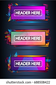 Futuristic Header Frame Design with Abstract shapes and drops of colors behind the space for text. Modern Artistic flyer or party thai background.