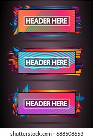 Futuristic Header Frame Design with Abstract shapes and drops of colors behind the space for text. Modern Artistic flyer or party thai background.