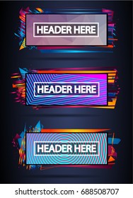 Futuristisches Header Frame Design mit abstrakten Formen und Farbtropfen hinter dem Platz für Text. Moderner künstlerischer Flyer oder Party-thailändischer Hintergrund.