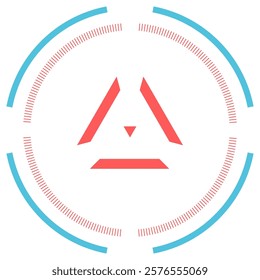 Futuristic heads up display element showing a red triangle inside a targeting system made of blue and red circles, perfect for video games or sci fi projects
