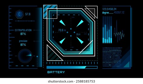 Futuristic heads up display - HUD - featuring glowing blue and white lines and numbers, showcasing target coordinates, precision percentages, battery levels, and other data on a black background