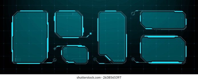 Futuristic heads up display user interface elements set. Digital sci fi hud frames for data visualization. Virtual reality screen technology. Vector graphics.  - Powered by Shutterstock - Get 15% off with code: PIKWIZARD15