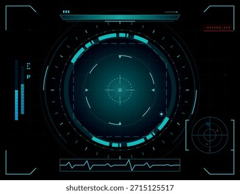 A futuristic heads-up display (HUD) featuring a central target reticle with glowing cyan elements against a dark background. The interface includes various data readouts, graphs, and system status indicators.