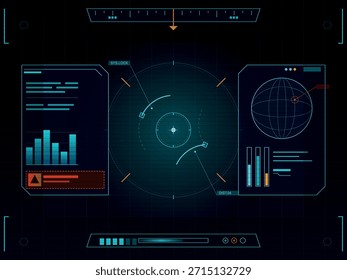 Una pantalla frontal futurista (HUD) con un sistema de radar central, una proyección de globo, gráficos de datos e indicadores de Estado del sistema. Esta interfaz de ciencia ficción está diseñada para la navegación y el monitoreo avanzados.