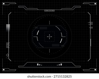 Una pantalla frontal futurista (HUD) con una retícula de objetivo de punto de mira central, Elementos de mira telescópica y un fondo de cuadrícula digital. El diseño evoca interfaces de ciencia ficción y tácticas.